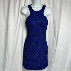 Royal Blue Lace Sleeveless Halter Cutout Back Cocktail Dress By Jodi Kristopher